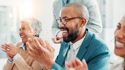 Buy stock photo Business people, excited and audience clapping for support, success or celebrate milestone at conference. Achievement, cheers and team applause for goal, praise and laughing for excellence at seminar