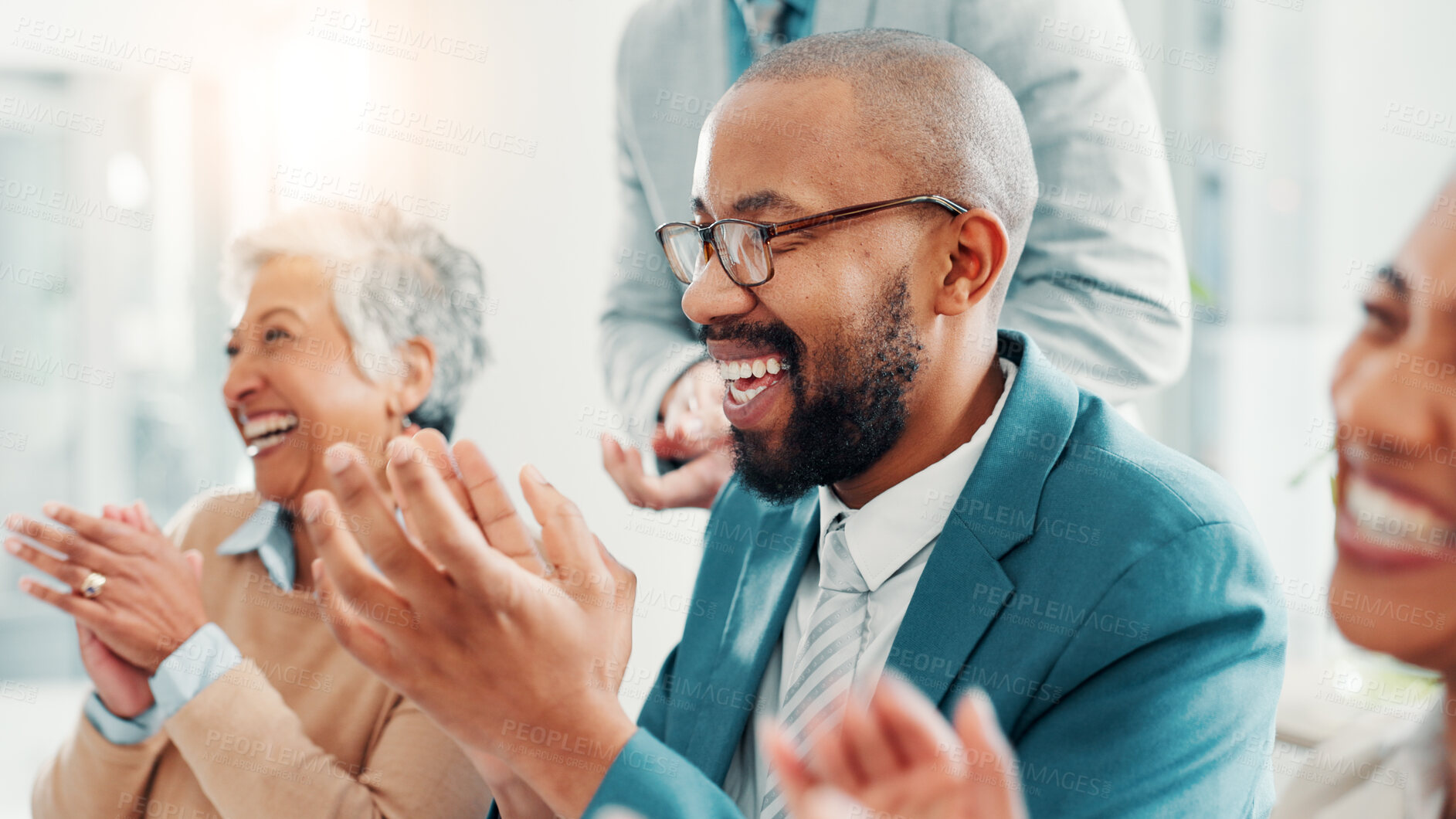 Buy stock photo Business people, excited and audience clapping for support, success or celebrate milestone at conference. Achievement, cheers and team applause for goal, praise and laughing for excellence at seminar