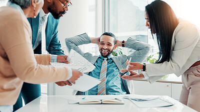 Buy stock photo Businessman, multitasking and happy with group, documents at office, relief and time management. Person, team and relax with notes, report and signature for approval with smile at finance agency