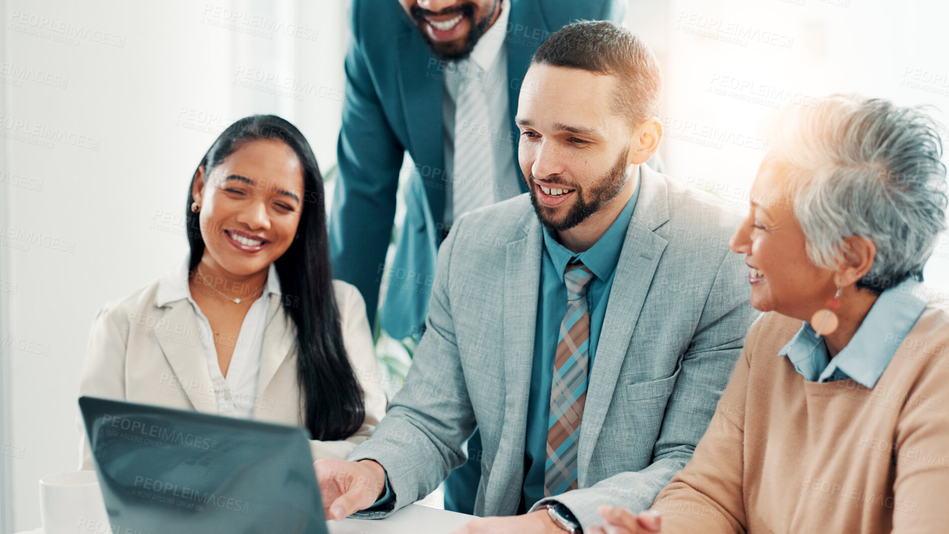 Buy stock photo Laptop, smile and video call with business people at work together for collaboration or planning. Computer, teamwork and virtual meeting with happy employee group in corporate office for discussion