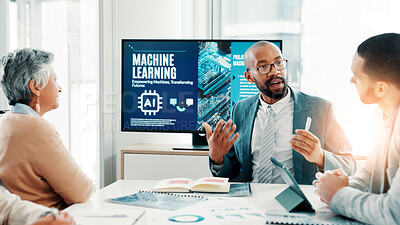 Buy stock photo Machine learning, business people and meeting for ai, teamwork and cyber security with software update. Group, employees or tech expert in office, development or education with data scientist or talk
