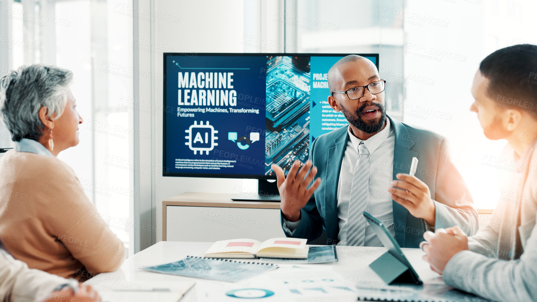 Buy stock photo Machine learning, business people and meeting for ai, teamwork and cyber security with software update. Group, employees or tech expert in office, development or education with data scientist or talk
