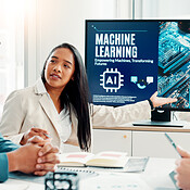 Machine Learning Man Machine learning, business people and discussion with ai, data ...