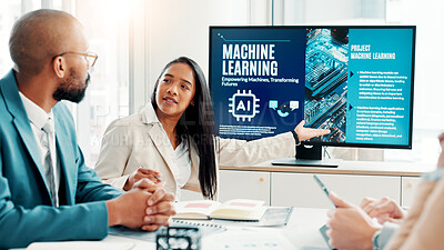 Buy stock photo Machine learning, business people and discussion with ai, data scientist or cyber security with software update. Innovation, employees or tech expert in office, development or talking with specialist