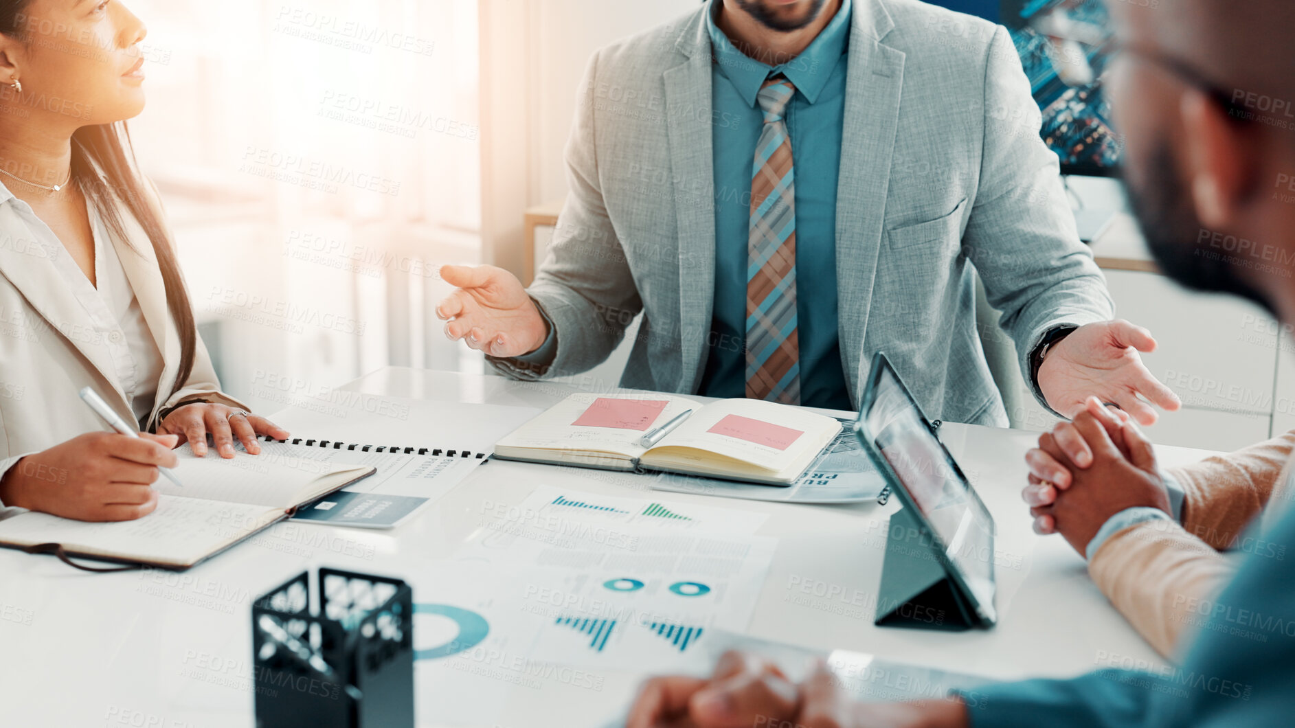 Buy stock photo Documents, tablet and hands of business people in office for meeting with finance statistics, graphs or data. Paperwork, discussion and financial managers with investment, revenue or dividend reports