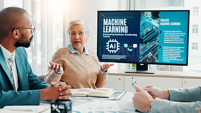 Buy stock photo Machine learning, business people and development for ai, teamwork and cyber security with software update. Group, employees or tech expert in office, cooperation and talk with data scientist or app