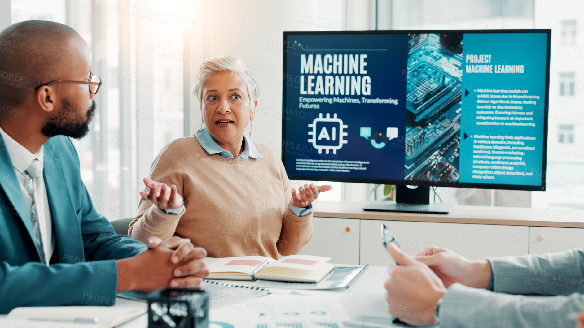 Buy stock photo Machine learning, business people and development for ai, teamwork and cyber security with software update. Group, employees or tech expert in office, cooperation and talk with data scientist or app