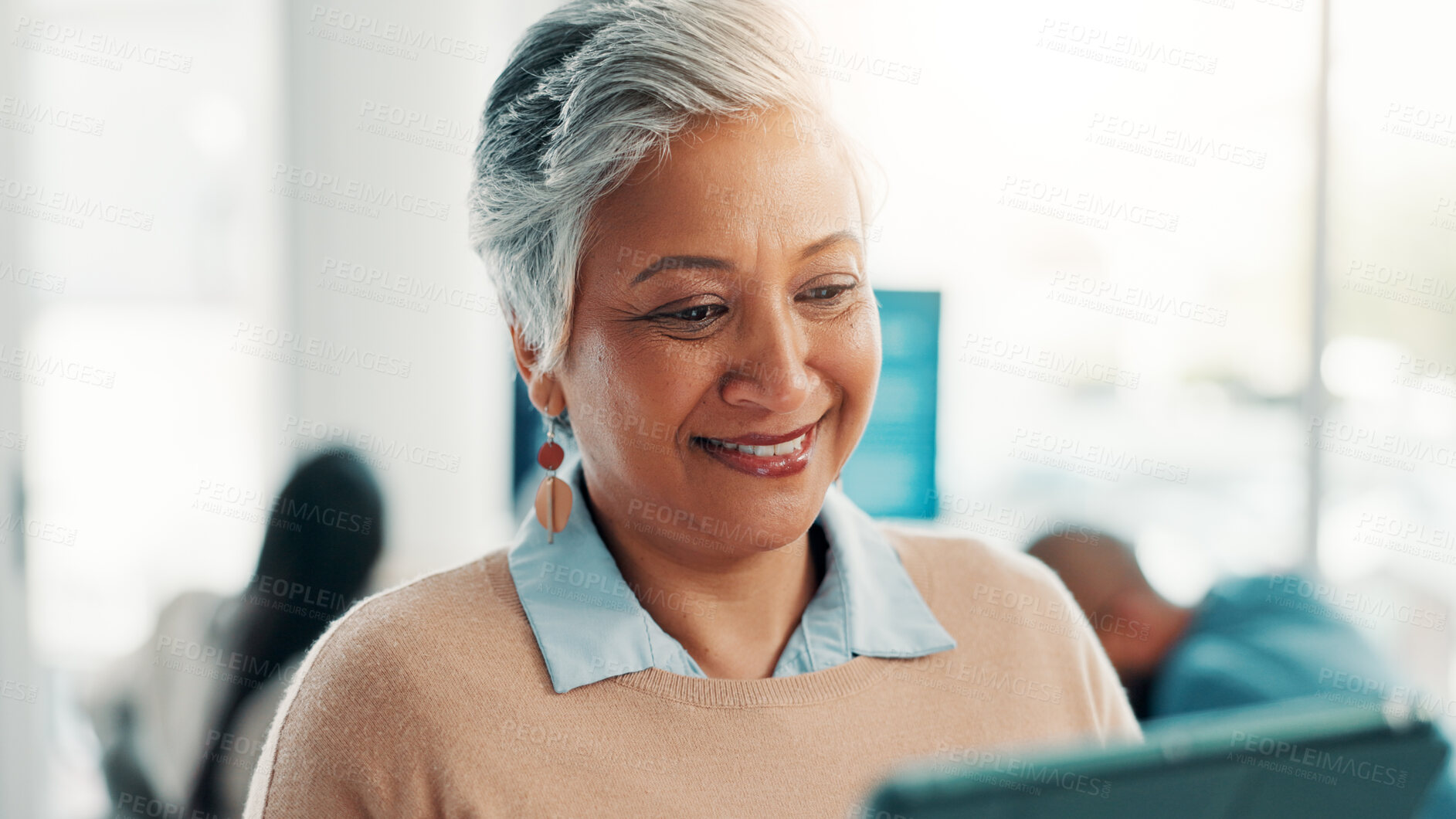 Buy stock photo Business, development and tablet with woman in office for corporate research or online planning. App, information and smile with mature employee in professional workplace for connectivity or update