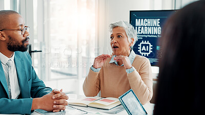 Buy stock photo People, speaker and explain presentation in office for machine learning, AI development and process. Mature woman, talk and staff with automation feedback, software update and list for cyber security