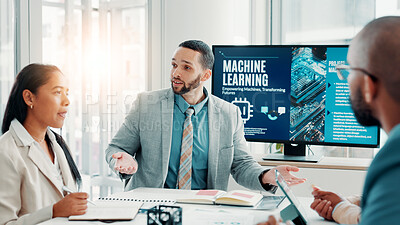 Buy stock photo Machine learning, business people and ai with teamwork, talking and cyber security with software update. Feedback, employees and tech expert in office, development and display with data scientist