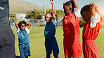 Kids, black boys and stretching for soccer practice for fitness training, exercise and sports workout. Children, warm up and preparation for game, learning skills and team challenge of match activity