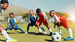 Coach, black kids and stretching for soccer practice of fitness training, exercise and sports workout. Children, warm up and preparation for game, learning skills and team challenge of match activity