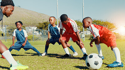 Buy stock photo Coach, black kids and stretching for soccer practice of fitness training, exercise and sports workout. Children, warm up and preparation for game, learning skills and team challenge of match activity