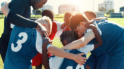 Buy stock photo Huddle, soccer and coach with group of children on field for motivation, game plan and strategy. Competition, training and practice with kids outdoor for youth sports, football player and support