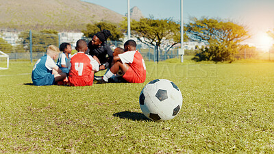 Buy stock photo Soccer, ball and children with coach for team huddle, training and formation on field. Man, football group and planning game for strategy, discussion and exercise for tournament or goal practice