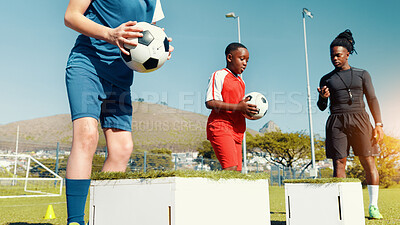 Buy stock photo Kids, drill and ball for soccer practice for fitness training, balance exercise and sports workout. Children, box and equipment for playing game, learning skills and team challenge for match activity