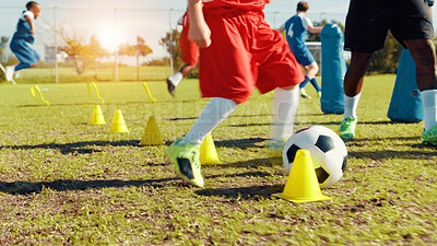 Buy stock photo Sports field, soccer player and children with ball, cardio and athlete with energy for practice in morning. Playing, football and kids with sportswear for game, growth and development with fitness