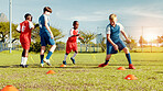 Children, run and drills for soccer practice for fitness training, balance exercise and sports workout. Kids, cones and dribble for playing game, learning skills and team challenge for match activity