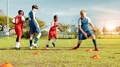 Buy stock photo Children, run and drills for soccer practice for fitness training, balance exercise and sports workout. Kids, cones and dribble for playing game, learning skills and team challenge for match activity
