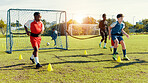 Children, running and drill of soccer practice for fitness training, balance exercise and sports workout. Kids, cones and resistance of game, learning skills and team challenge for match activity