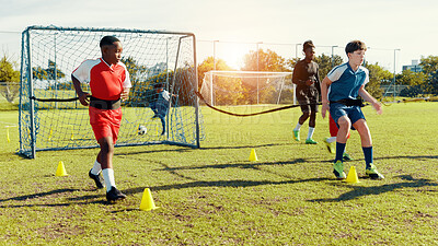 Buy stock photo Children, running and drill of soccer practice for fitness training, balance exercise and sports workout. Kids, cones and resistance of game, learning skills and team challenge for match activity