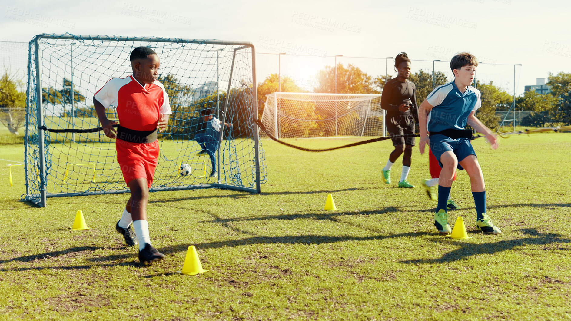 Buy stock photo Children, running and drill of soccer practice for fitness training, balance exercise and sports workout. Kids, cones and resistance of game, learning skills and team challenge for match activity
