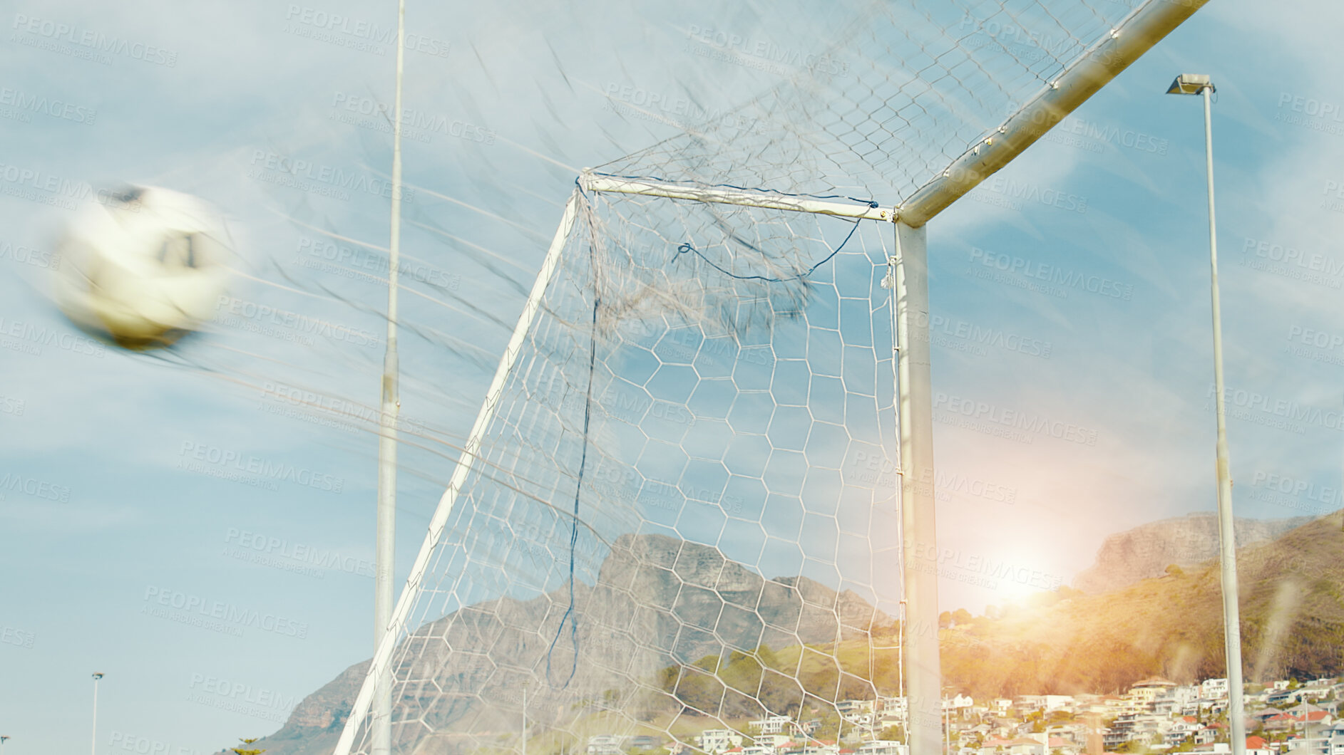 Buy stock photo Goal, net and success for match, soccer and win for game, outdoor and victory for sport in morning. Achievement, shooting and target for football competition, score and accomplishment of penalty kick