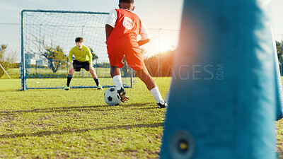 Buy stock photo Match, soccer player and children with ball, kick and athlete with energy for practice in morning. Sports field, football and kids with sportswear for game, growth and development with fitness