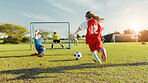 Sports field, kick and soccer player with skills, children and athlete with energy for match and cardio. Playing, football and kids with sportswear for game, growth and development of girl or back