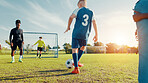 Practice, soccer player and children with ball, coach and athlete with energy for training in morning. Sports field, football and kids with sportswear for game, growth and development with fitness