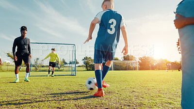 Buy stock photo Practice, soccer player and children with ball, coach and athlete with energy for training in morning. Sports field, football and kids with sportswear for game, growth and development with fitness
