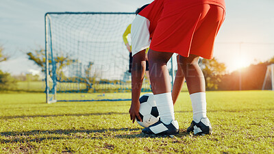 Buy stock photo Playing, soccer and preparing for kick, children and player with skills for game, talent and cardio. Outdoor, football and kids with sportswear for match, growth and development of youth or fitness