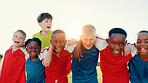 Portrait, smile and soccer player children outdoor on field together for sports practice or training. Fitness, hug and unity with football team at venue for competition, exercise or solidarity