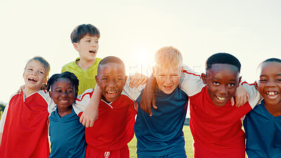 Buy stock photo Portrait, smile and soccer player children outdoor on field together for sports practice or training. Fitness, hug and unity with football team at venue for competition, exercise or solidarity