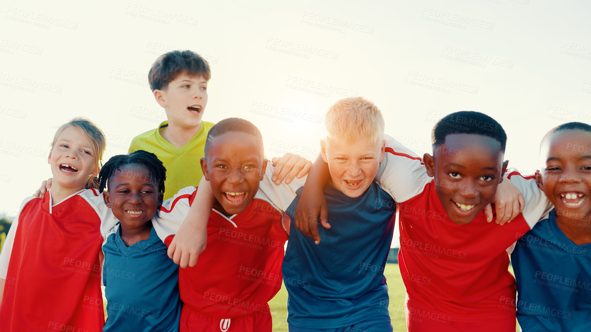 Buy stock photo Portrait, smile and soccer player children outdoor on field together for sports practice or training. Fitness, hug and unity with football team at venue for competition, exercise or solidarity