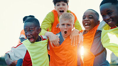 Buy stock photo Shout, group and boy with celebration, soccer and achievement for contest, tournament and cheering. Portrait, kids or children with sports, training or football game with players, excited or champion