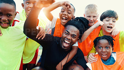 Buy stock photo Portrait, group and coach with celebration, soccer or achievement with champion, tournament or cheering. Shout, kids or children with sports, training or football game for players, excited or contest