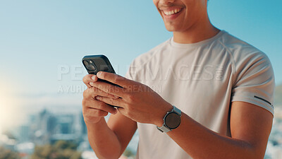 Buy stock photo Man, hands or fitness with phone in nature for workout app, tracking performance or connection. Closeup, active or male person with smile on mobile smartphone for outdoor exercise schedule or results