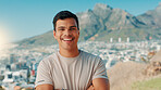 Portrait, smile and man in city, fitness and wellness with training, pride and exercise. Face, happy person and outdoor with runner, funny and workout goals with practice, laughing or healthy routine
