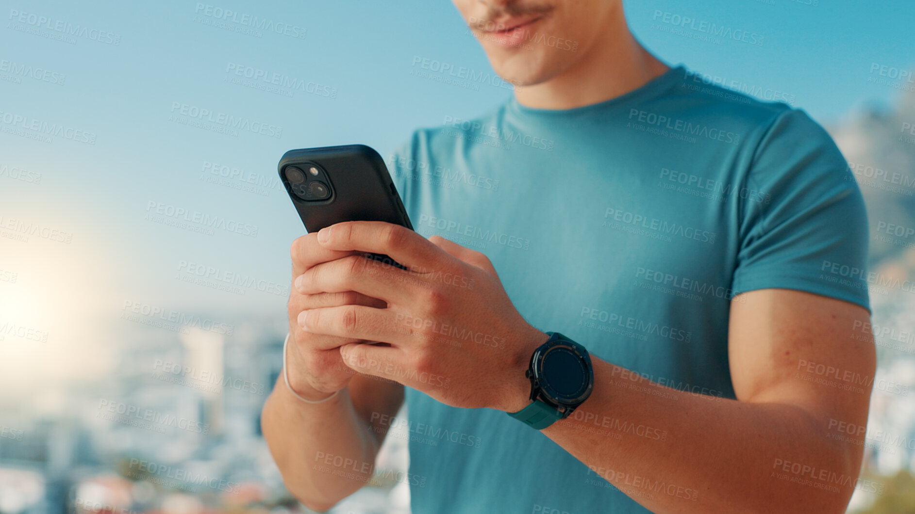 Buy stock photo Man, hands or fitness with phone for workout app, tracking performance or connection in nature. Closeup, active or male person with mobile smartphone for outdoor exercise schedule, results or network