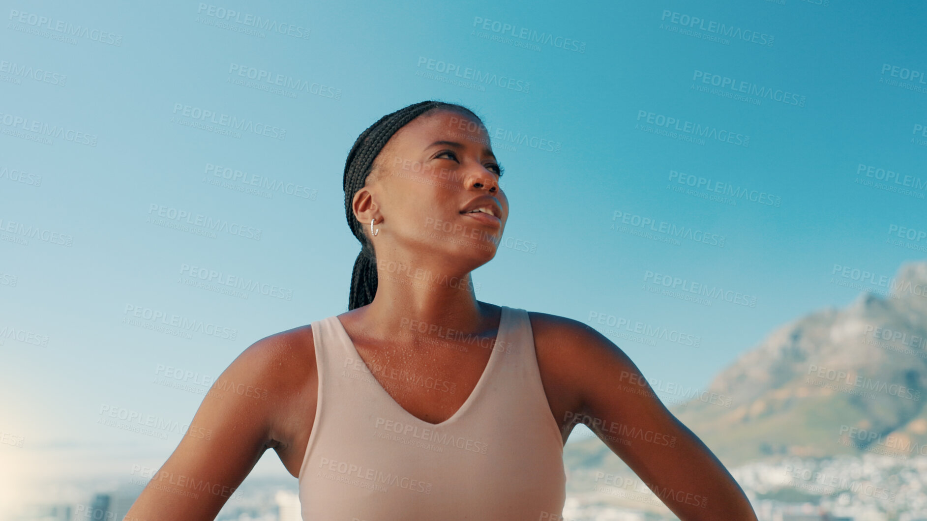 Buy stock photo Black woman, outdoor and thinking of fitness with fatigue, catching breath and tired at sky space. Runner, exhausted or breathing exercise in nature for wellness, resting and break in cardio training