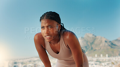 Buy stock photo Tired, black woman and fitness with break in nature for workout, intense exercise or training. Active, female person or runner with recovery or rest for outdoor cardio, health or wellness on mountain