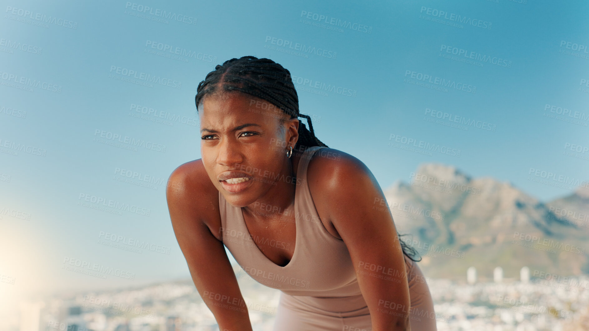 Buy stock photo Tired, black woman and fitness with break in nature for workout, intense exercise or training. Active, female person or runner with recovery or rest for outdoor cardio, health or wellness on mountain