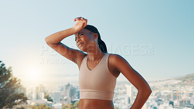 Buy stock photo Tired, black woman and fitness with sweat in nature for workout, intense exercise or training. Active, female person or runner with recovery or rest for outdoor cardio, health or wellness on mountain
