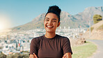 Portrait, smile and woman in city, fitness and confidence with training, pride and exercise. Face, happy person and outdoor with runner, funny and workout goals with practice, laughing and wellness
