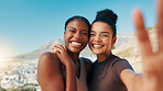 Happy women, portrait and fitness with selfie in nature for workout, exercise or memory together. Active, female people or friends with smile for photography, capture moment or health and wellness
