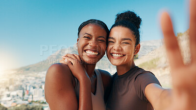 Buy stock photo Happy women, portrait and fitness with selfie in nature for workout, exercise or memory together. Active, female people or friends with smile for photography, capture moment or health and wellness