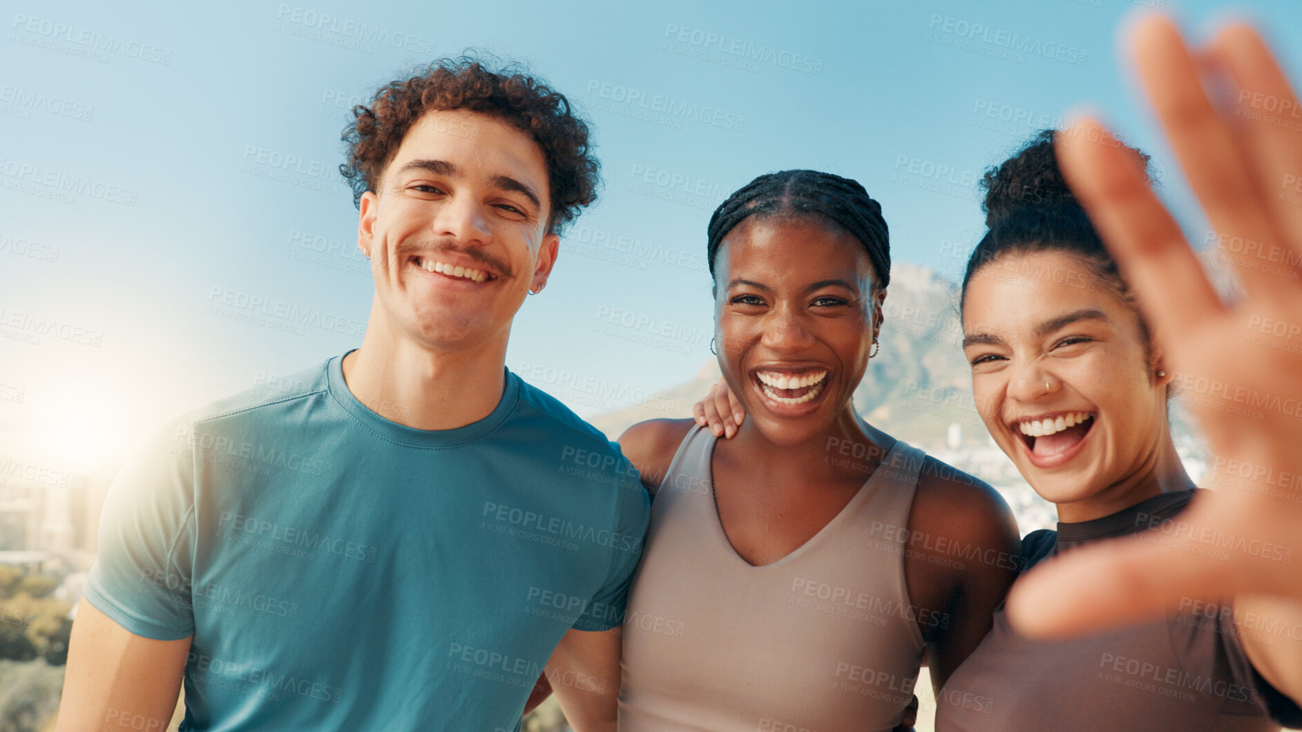 Buy stock photo Happy people, portrait and fitness with selfie in nature for workout, exercise or memory together. Active, group or friends with smile in joy for photography, capture moment or health and wellness