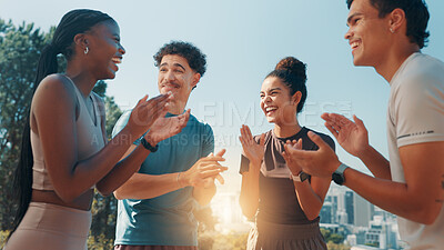 Buy stock photo Happy people, fitness and applause in huddle for workout goals, winning or teamwork in nature. Active, group or friends clapping with smile for achievement, exercise or health and wellness together