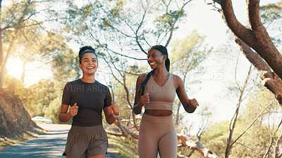 Buy stock photo Running, smile and team with friends in nature for personal trainer, workout partner and health. Wellness, exercise club and coaching with women outdoor for performance, training and challenge